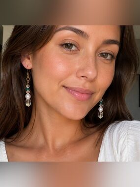 Hand Crafted Gold-Tone Pearl & Teal Crystal Drop Earrings